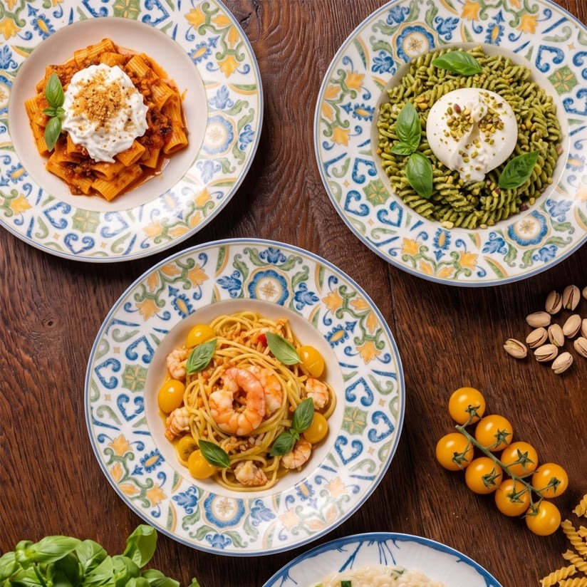 Výběr italských těstovin s burratou, bazalkou a krevetami v restauraci Papaiolo