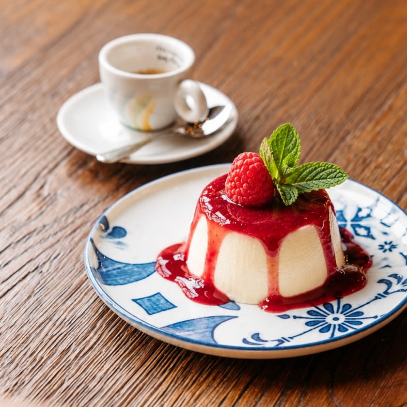Vanilková panna cotta s malinovým coulis, čerstvou malinou a mátou v restauraci Papaiolo
