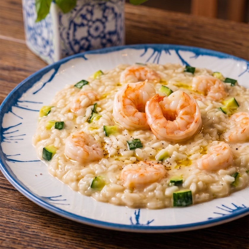 Risotto s krevetami a cuketou v restauraci Papaiolo Praha