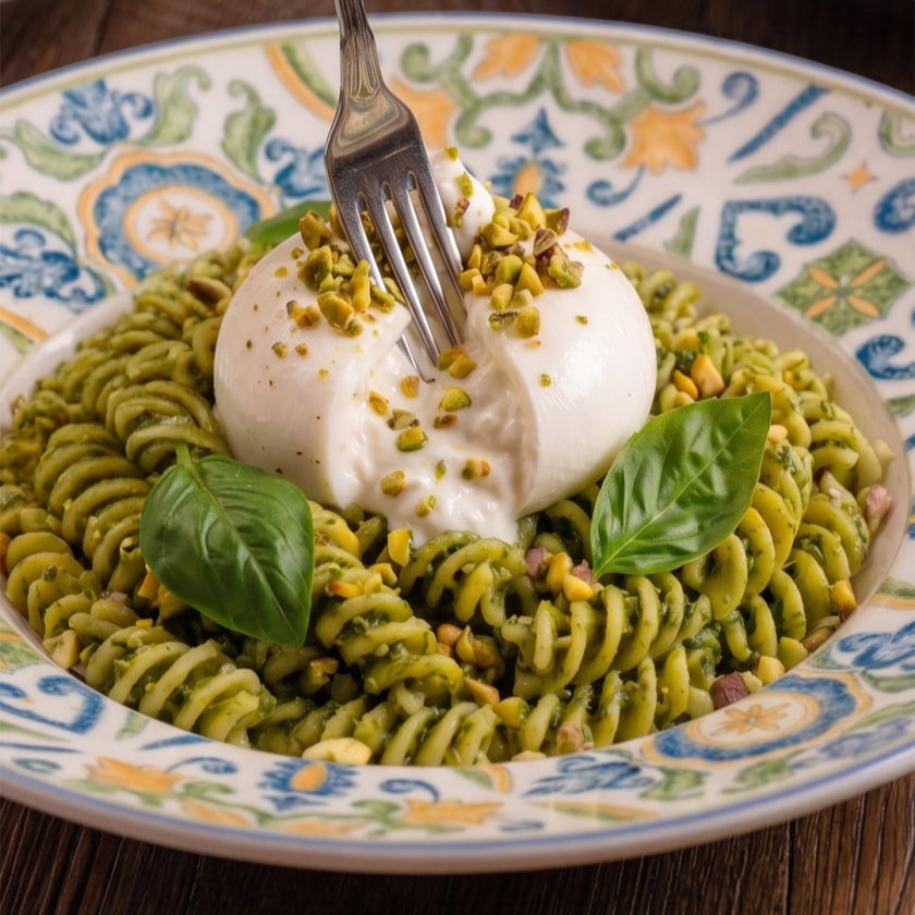 Fusilli s pestem, burratou a pistáciemi v restauraci Papaiolo Praha