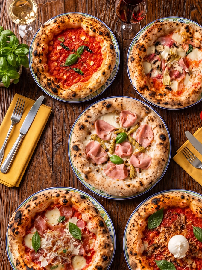 Výběr neapolských pizz Margherita, se sýry a artyčoky, mortadellou a pestem na keramických talířích v restauraci Papaiolo.