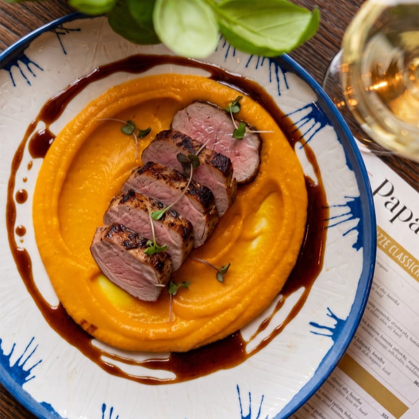 Pork tenderloin with roasted pumpkin purée and demi-glace