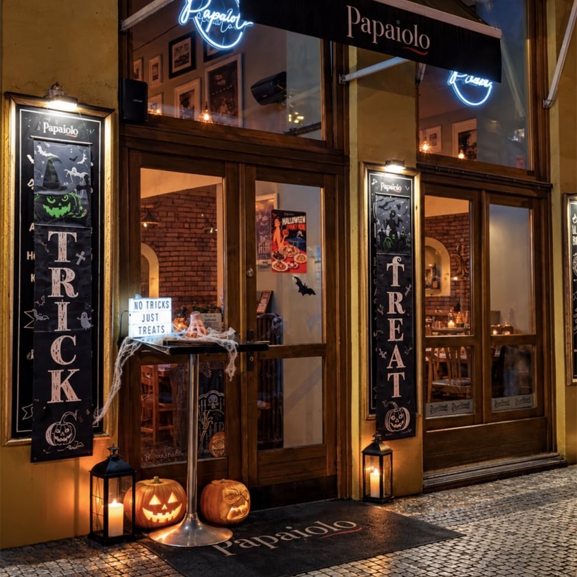 Halloween decorations at the entrance of Papaiolo restaurant in Prague