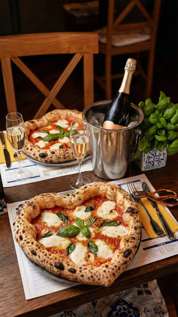 Valentýnská pizza na stole v restauraci Papaiolo