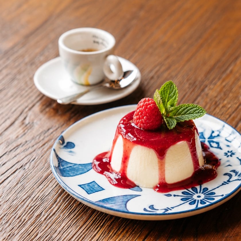 Panna cotta alla vaniglia con coulis di lamponi, lamponi freschi e menta al ristorante Papaiolo