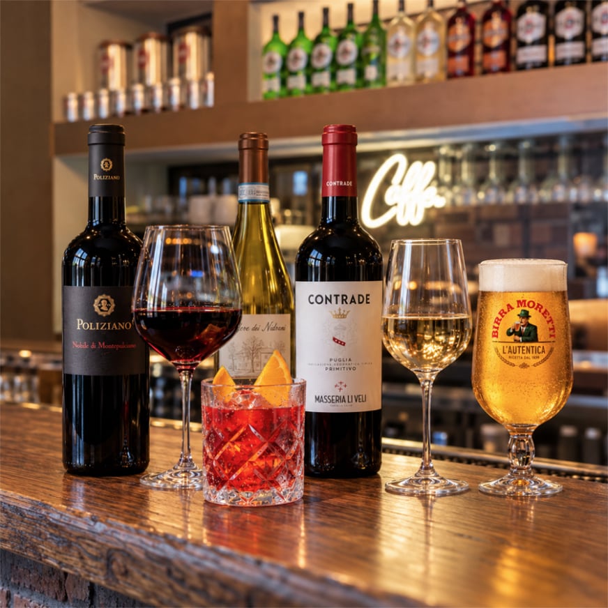 Selezione di vini italiani, birre e drink da Papaiolo