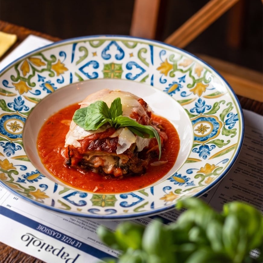 Parmigiana con salsa di pomodoro e basilico fresco su piatto tradizionale